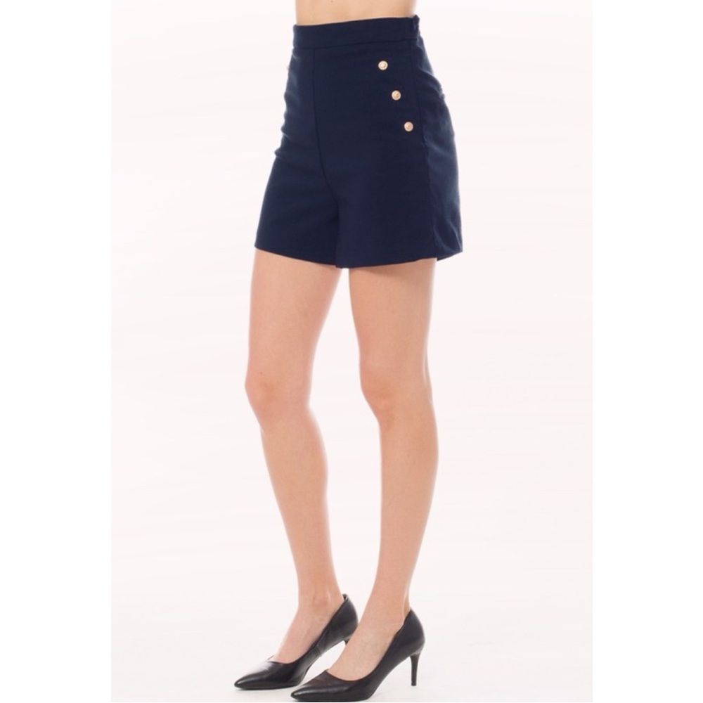 High-Rise Navy Shorts with Gold Button Accents - Picture 3 of 9